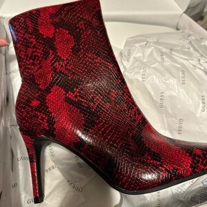 GUESS Red and Black Snake-Print Stiletto Ankle Boots